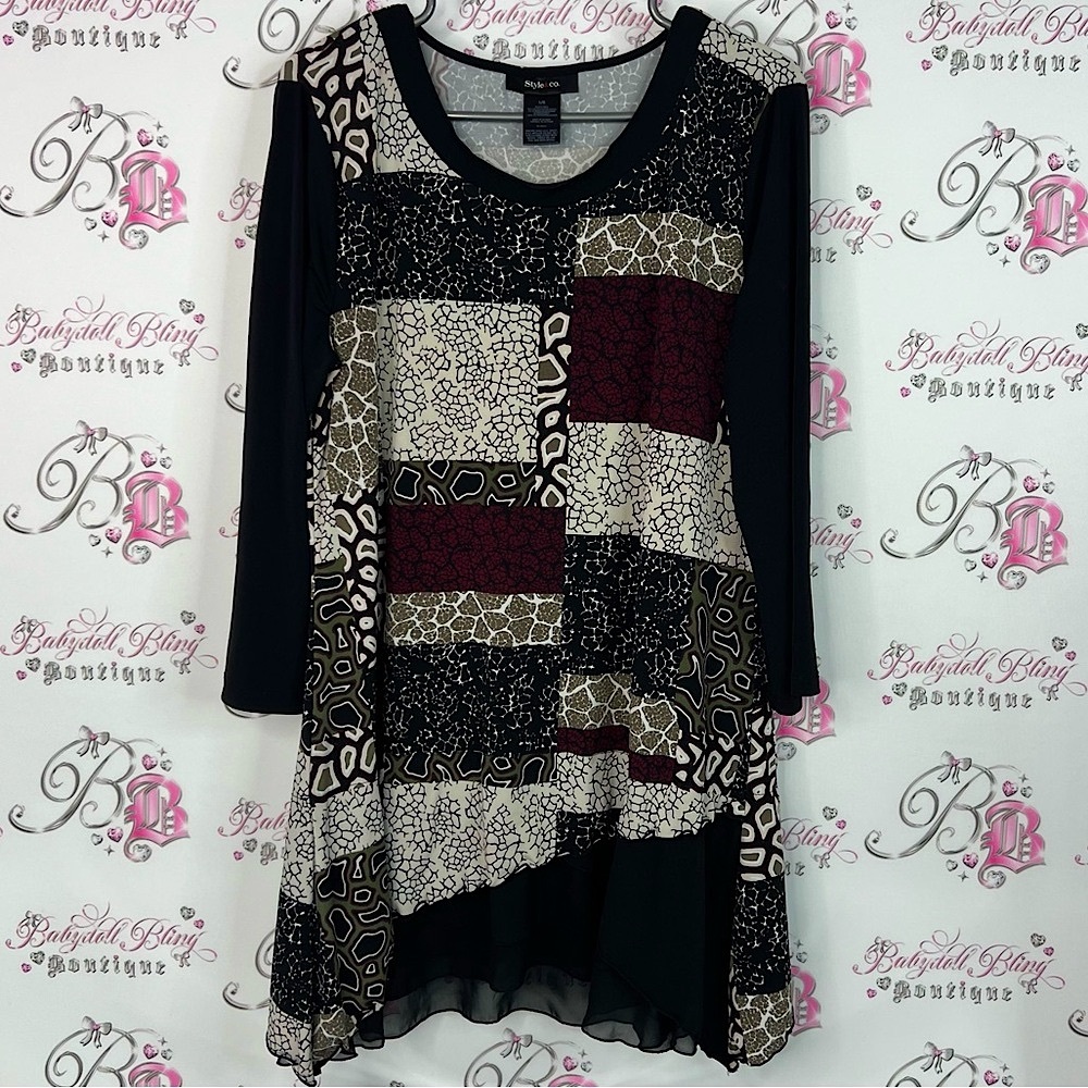 Style & Co. Dress ruffle frilly hem animal print Black and Red Patchwork Tunic